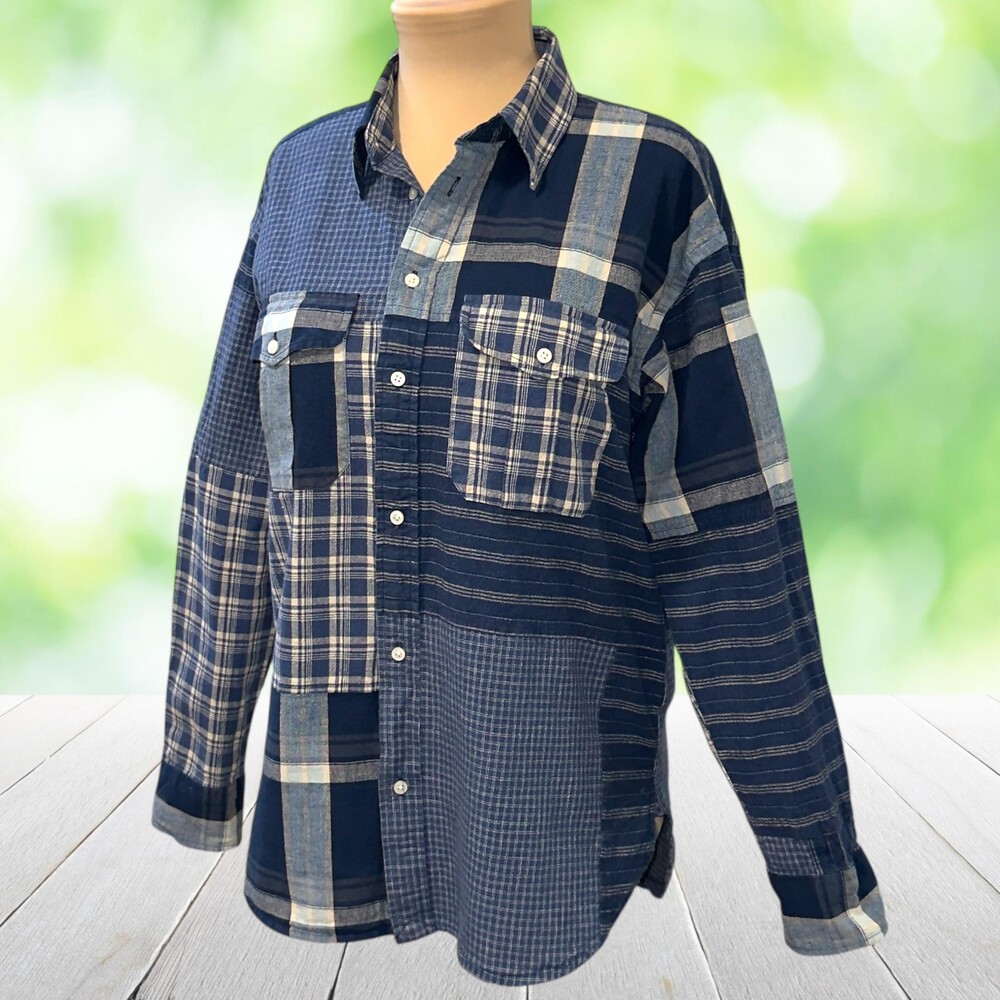 LAUREN RALPH LAUREN Patchwork Plaid Shirt Cotton Linen Button Front Blue Size M - Picture 10 of 13